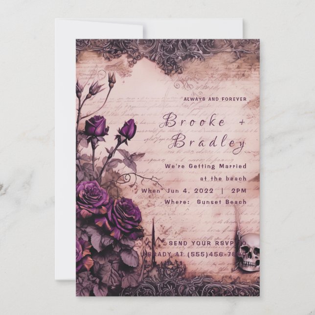 Invitation Mariage crâne gothique violet poussiéreux (Devant)