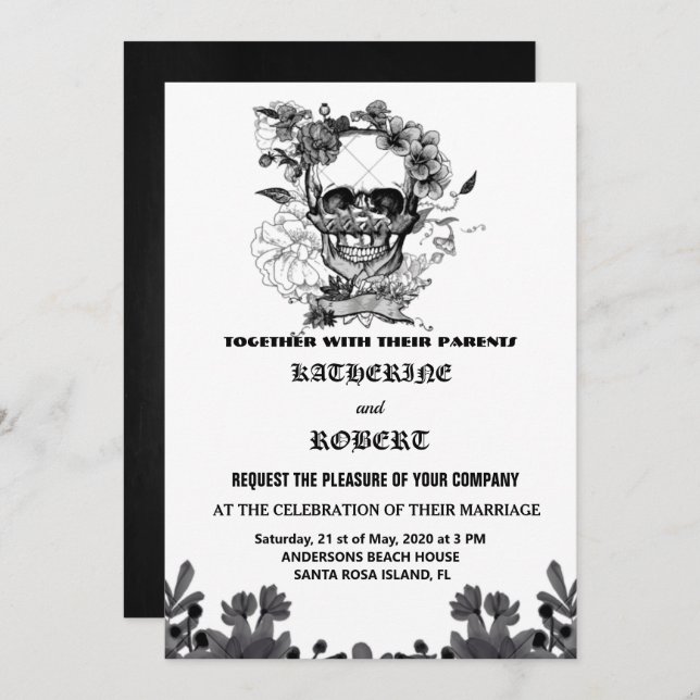 Invitation Mariage crâne Halloween Sugar gothique Floral Invi (Devant / Derrière)