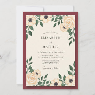 Invitation Mariage Crème Anémone Bordeaux