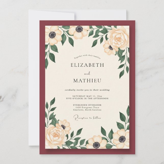 Invitation Mariage Crème Anémone Bordeaux (Devant)