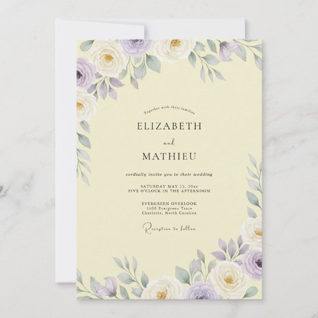 Invitation Mariage Crème Antique Feuillage Mauve (Devant)