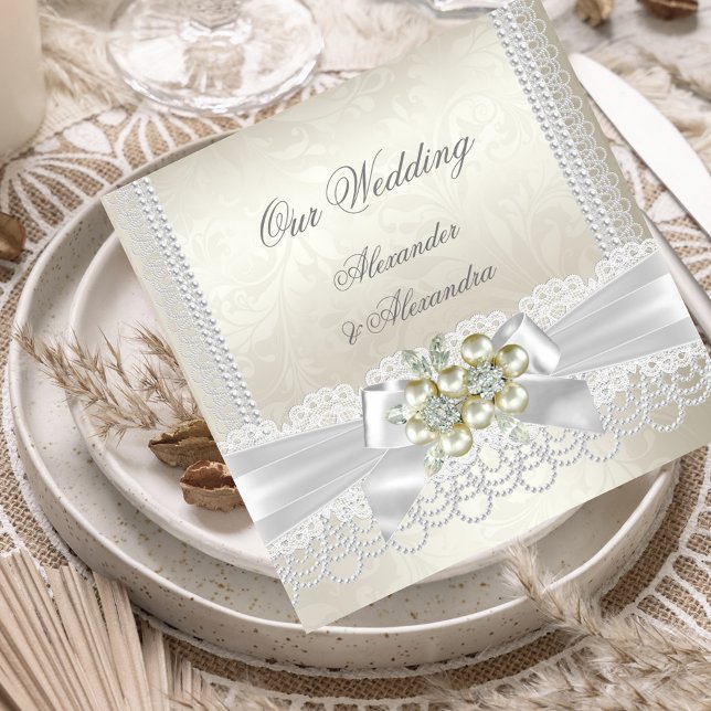 Invitation Mariage Crème Blanc Perle Broderie Dentelle Diaman (Créateur téléchargé)