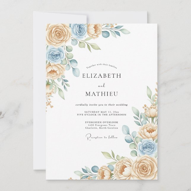 Invitation Mariage Crème Bleu Éthéré Fleur (Devant)