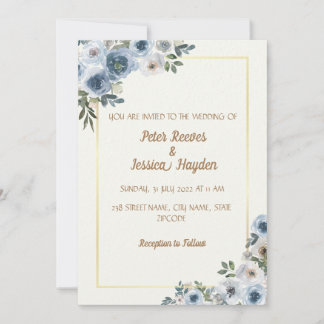 Invitation Mariage crème, bordure or et fleurs bleues