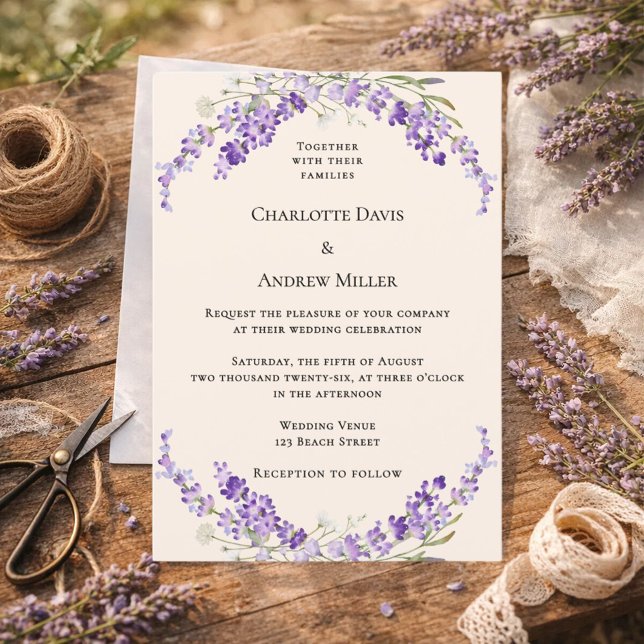 Invitation Mariage crème champagne fleurs de lavande (Créateur téléchargé)