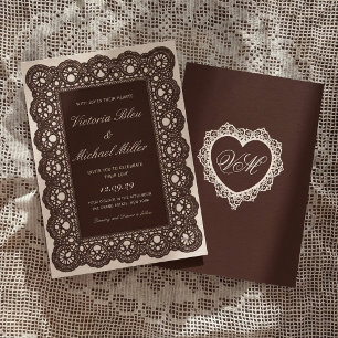 Invitation Mariage Crème de Dentelle Marron Foncé Victorien V