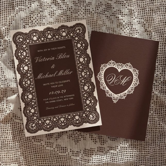 Invitation Mariage Crème de Dentelle Marron Foncé Victorien V (Créateur téléchargé)