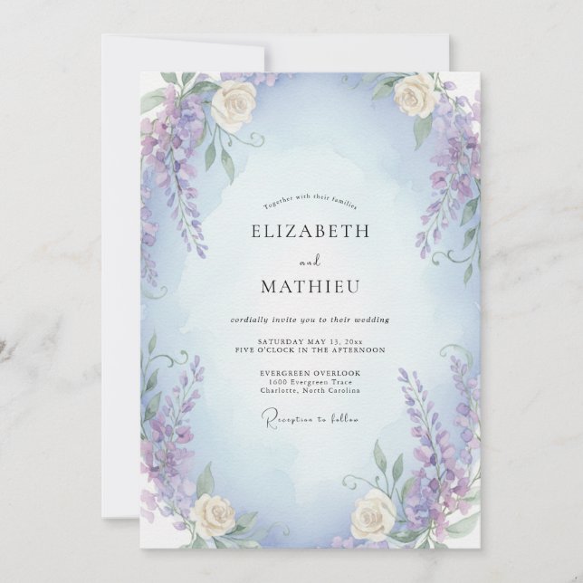 Invitation Mariage Crème de Glycine et Pervenche (Devant)