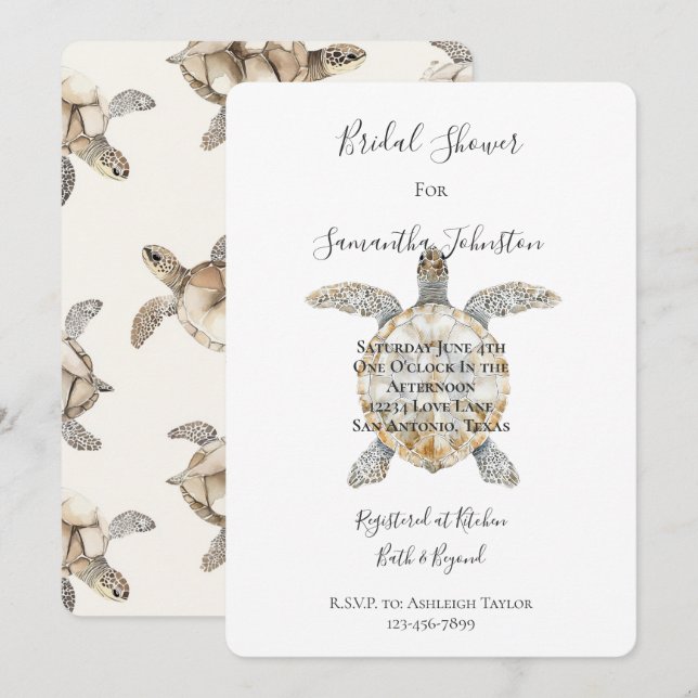 Invitation Mariage Crème de Tortues Marines de Plage (Devant / Derrière)