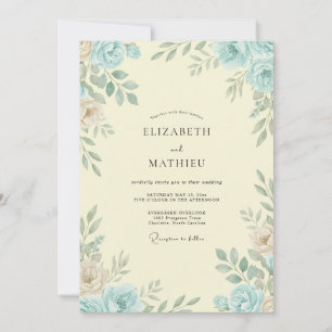 Invitation Mariage Crème d'Ivoire Azur Feuillu