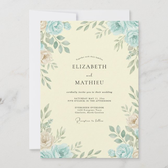 Invitation Mariage Crème d'Ivoire Azur Feuillu (Devant)