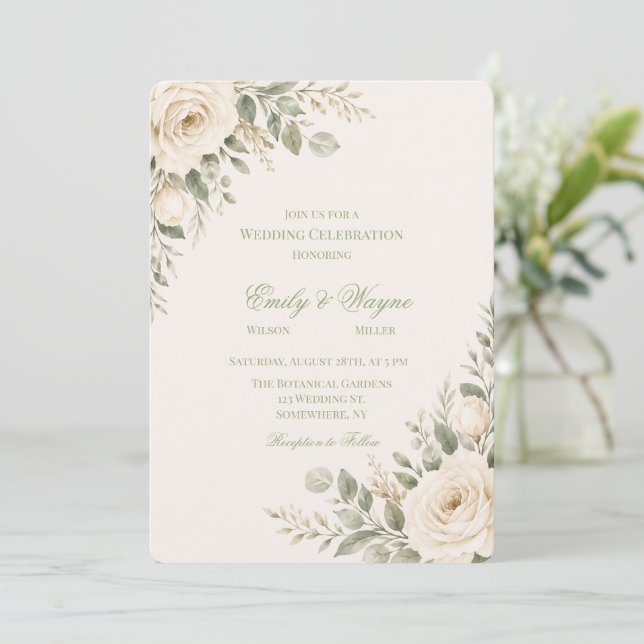 Invitation Mariage Crème et Vert Sauge avec Feuillage (Debout devant)