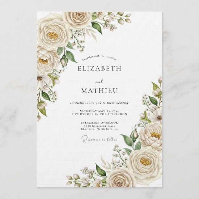 Invitation Mariage Crème Éthérée Fleurie (Devant)