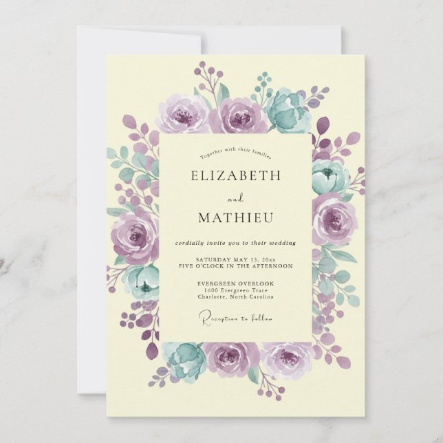 Invitation Mariage Crème Fleur Mauve (Devant)