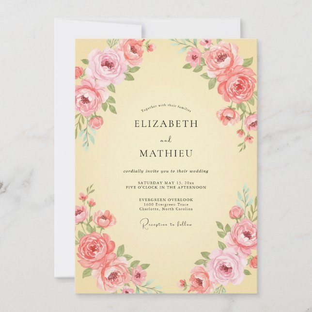Invitation Mariage Crème Fleur Poussiéreuse Rose (Devant)