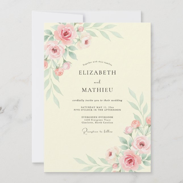 Invitation Mariage Crème Fleur Rose (Devant)
