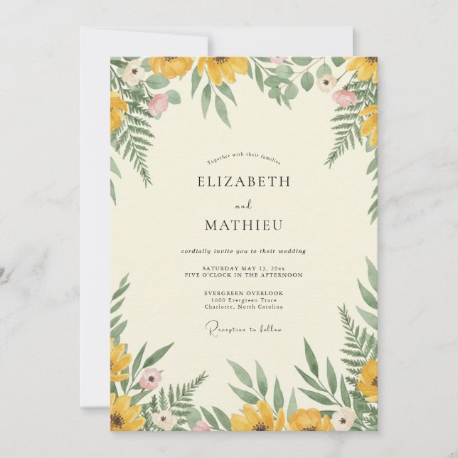 Invitation Mariage Crème Fleur Sauvage Dorée (Devant)