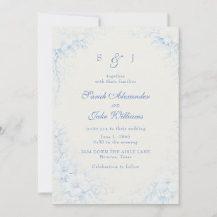 Invitation Mariage Crème Fleurie Chinoiserie Bleue