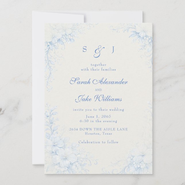Invitation Mariage Crème Fleurie Chinoiserie Bleue (Devant)