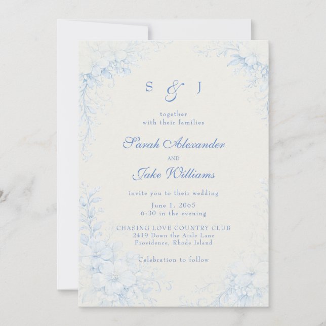 Invitation Mariage Crème Fleurie Chinoiserie Bleue (Devant)