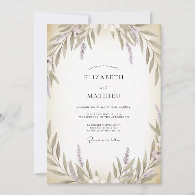 Invitation Mariage Crème Olive Lilas Feuille (Devant)