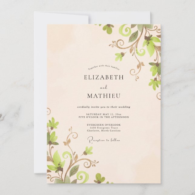 Invitation Mariage Crème Olive Vigne (Devant)