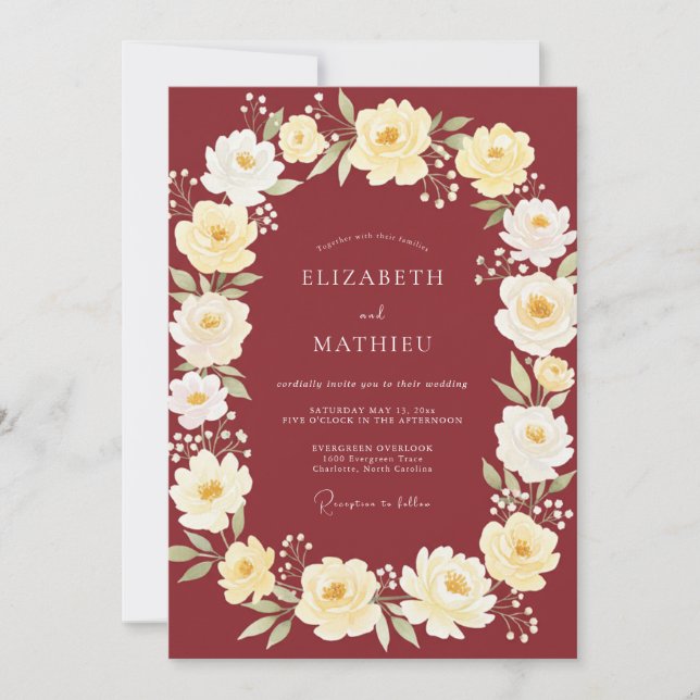 Invitation Mariage Crème Pétales Vin (Devant)