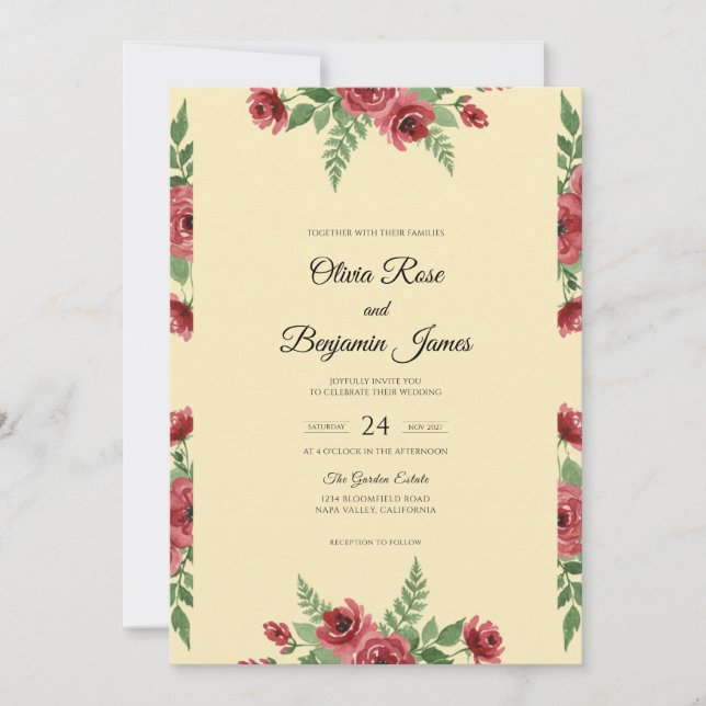 Invitation Mariage Crème Rose Carmine (Devant)