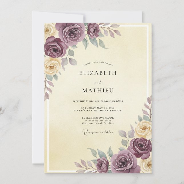 Invitation Mariage Crème Rose Mauve (Devant)