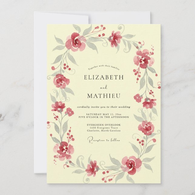 Invitation Mariage Crème Rouge Poussiéreux Vigne (Devant)