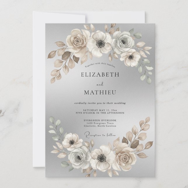 Invitation Mariage Crème Sépia Pivoine (Devant)
