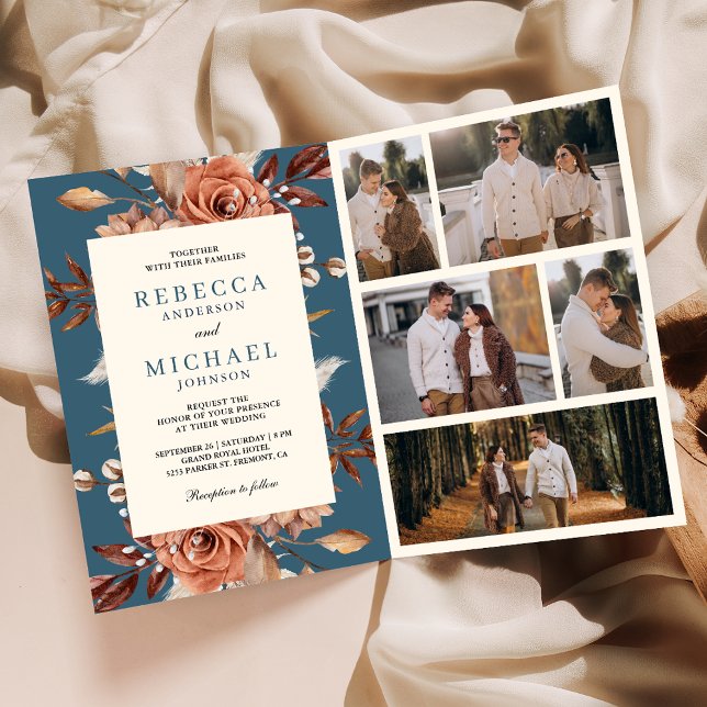 Invitation Mariage Crème Terracotta Floral Code QR Bleu Pouss (Créateur téléchargé)