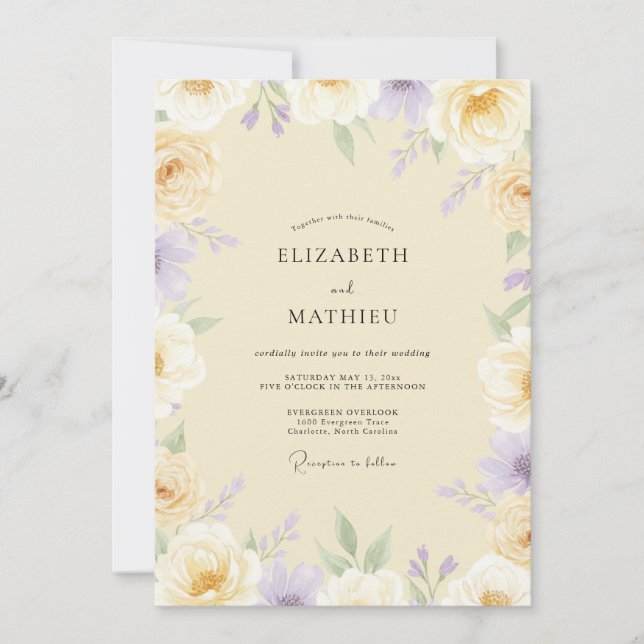 Invitation Mariage Crème Violette Pivoine (Devant)