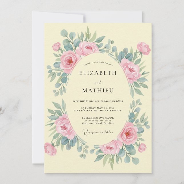 Invitation Mariage Crèmeuse aux Pivoines Roses (Devant)