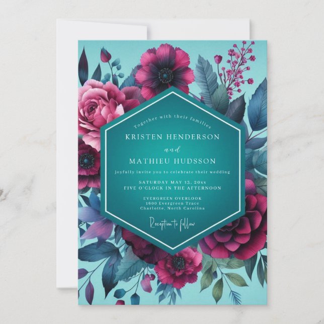 Invitation Mariage crépusculaire magenta sarcelle (Devant)