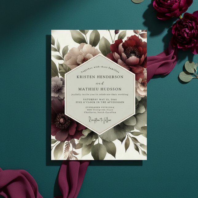 Invitation Mariage Crépuscule Floral Bourgogne (Créateur téléchargé)