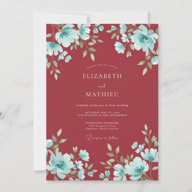Invitation Mariage Crimson Aqua Bloom (Devant)