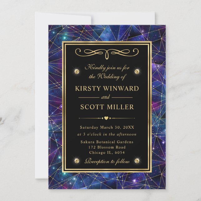 Invitation Mariage Cristal Galaxy Minuit Violet et Or (Devant)