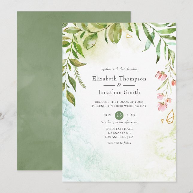 Invitation Mariage Cristal Géométrique Aquarelle de Verdure (Devant / Derrière)