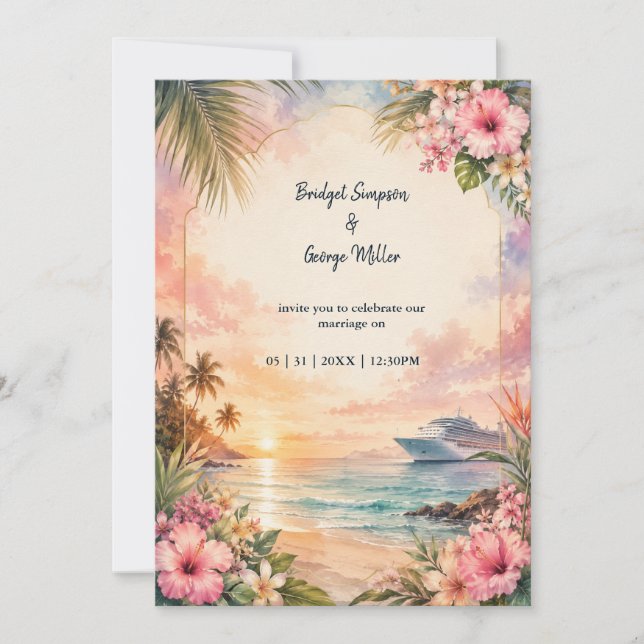 Invitation Mariage Croisière Coucher de Soleil Tropical Baie  (Devant)