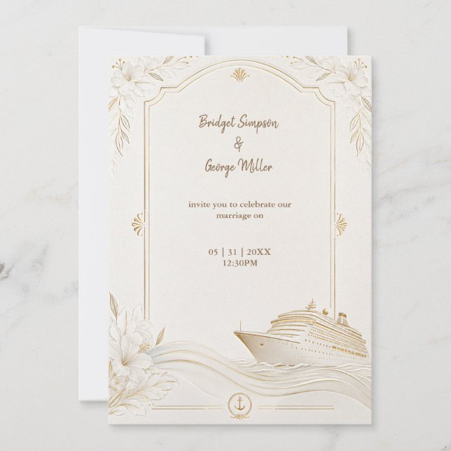 Invitation Mariage Croisière Élégant Or Blanc Lily Waves (Devant)