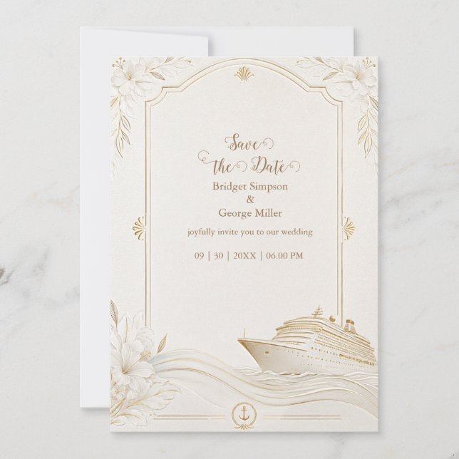 Invitation Mariage Croisière Élégant Or Blanc Lily Waves (Devant)