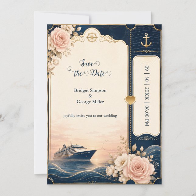 Invitation Mariage Croisière Romantique Voyage Rose Luxe (Devant)