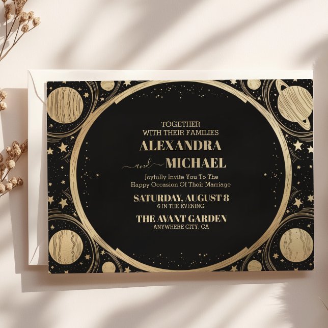 Invitation Mariage Croissant de Lune Noir Céleste en Or (Créateur téléchargé)