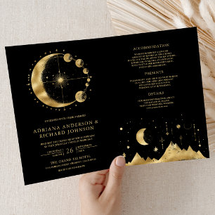 Invitation Mariage Croissant de Lune Phases Or Noir Céleste