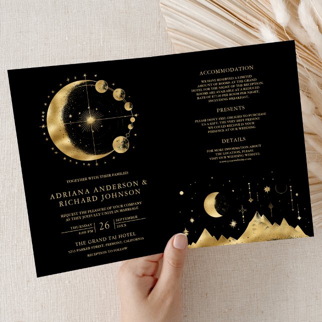 Invitation Mariage Croissant de Lune Phases Or Noir Céleste (Créateur téléchargé)