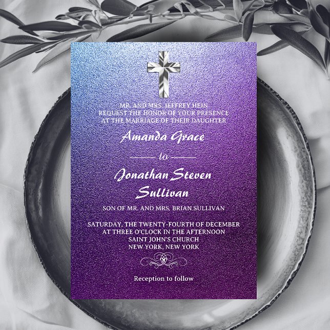 Invitation Mariage croix chrétienne argent violet (Purple Silver Christian Cross Wedding Invitation)
