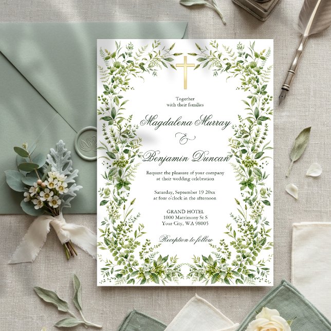 Invitation Mariage croix chrétienne de verdure de jardin déli (Créateur téléchargé)