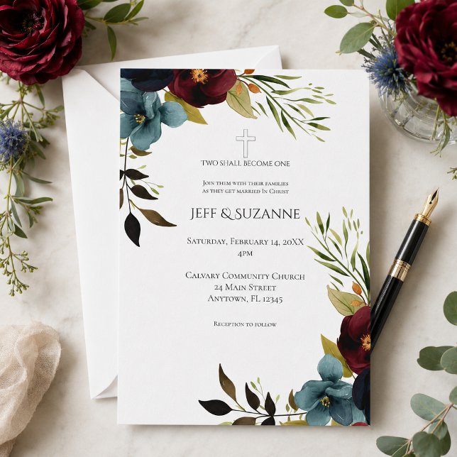 Invitation Mariage Croix Florale Bourgogne Deux En Un (Créateur téléchargé)