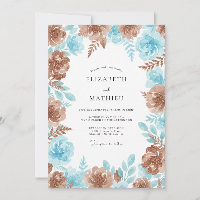 Invitation Mariage Cuivre Aqua Paeonie (Devant)